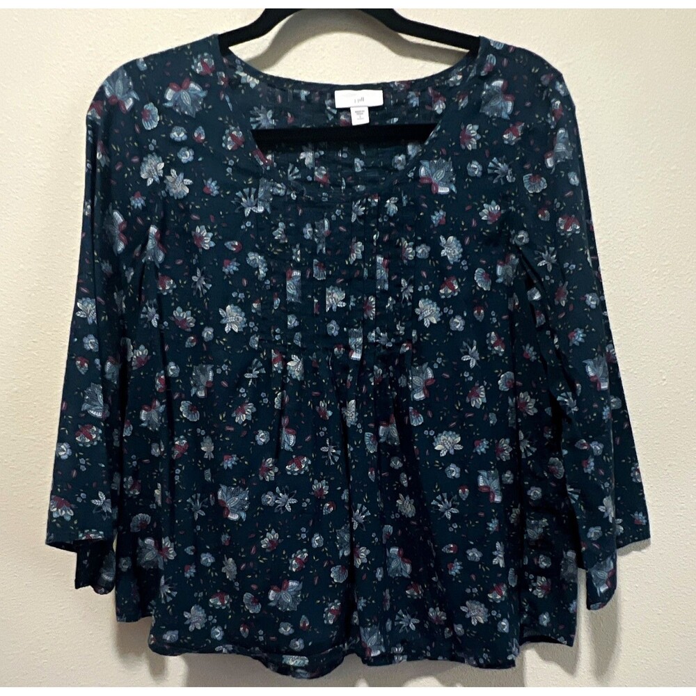 J. Jill Women’s Petite S Blue Floral Woven Scoop Neck 3/4 Sleeve Pleated Blouse